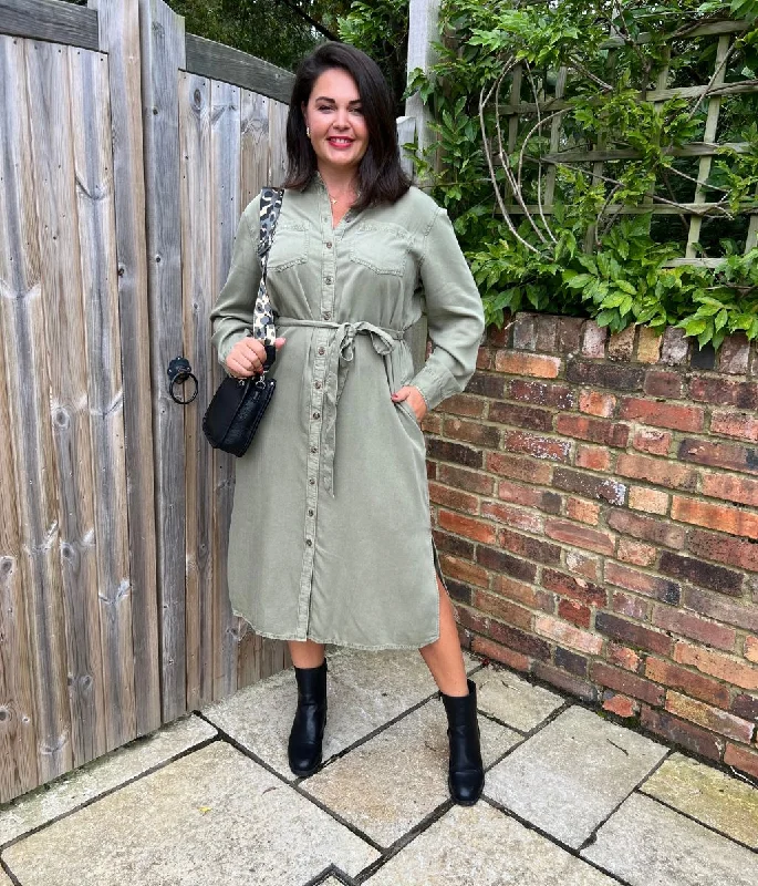 Stylish Checkered Shirt Dress-Khaki Tencel Belted Midi Shirt Dress