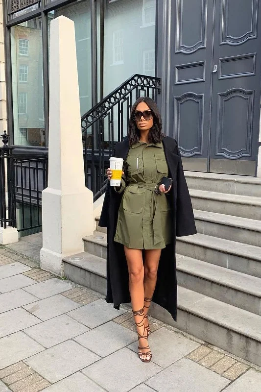 Women's Shirt Dress with Frill-Khaki Utility Belted Zip Front Shirt Dress - Meliyah