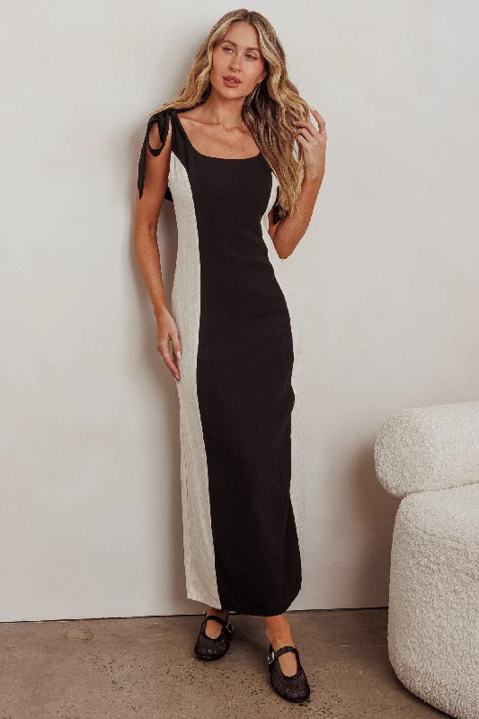 Women's Knit Maxi Dress-Kiss City Tied Shoulders Contrast Maxi Dress Black/Oat