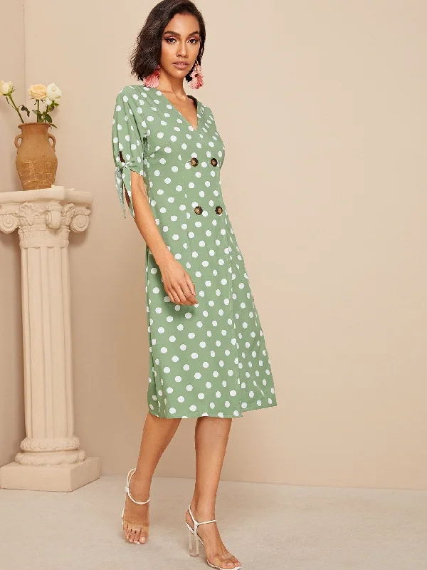 Soft Shirt Dress-Knot Cuff Polka Dot Shirt Dress
