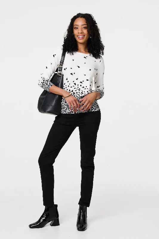 Women's Knit Sweater with Patchwork -Bird Print 3/4 Sleeve Relaxed Knit Top
