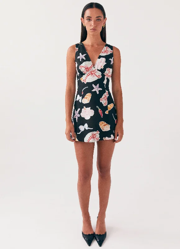Women's Mini Dress with Lace Trim-Kyra Linen Mini Dress - Black Banchetto