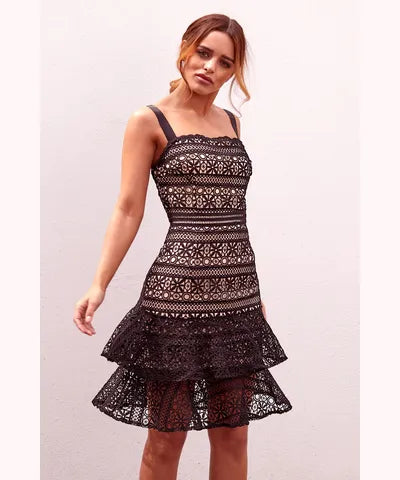 Bodycon Dress with Lace Sleeve Detail -Lace Floral Layered Bodycon Dress