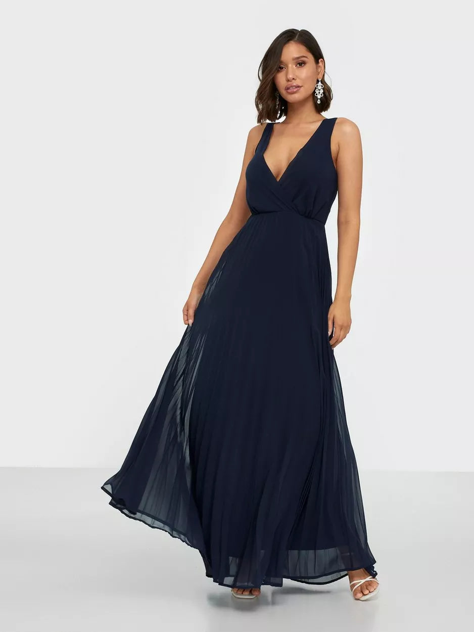 Women's Puff Sleeve Lace Maxi Dress-Lace Straps Navy Pleated Maxi Dress