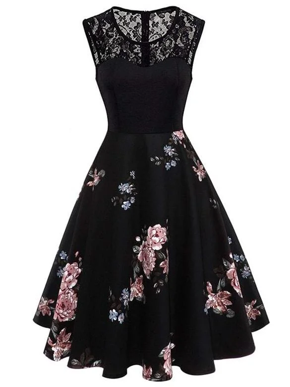 Checkered Flare Dress -Lace Yoke Floral Flare Dress