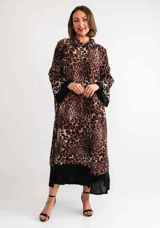 Belted Shirt Dress-Serafina Collection One Size Plisse Leopard Print Shirt Dress, Brown