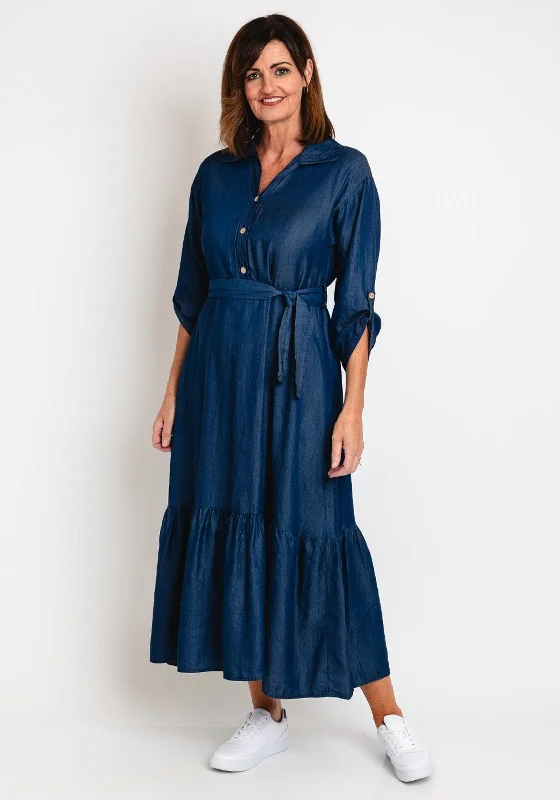 Women's Button-up Checkered Shirt Dress-Serafina Collection One Size Belted Maxi Shirt Dress, Denim Blue Women's Button-up Checkered Shirt Dress-Serafina Collection One Size Belted Maxi Shirt Dress, Denim Blue