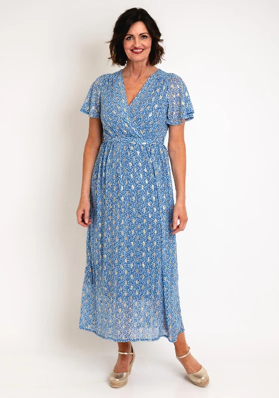 Black Wrap Dress with Long Sleeves -Blue Wrap Dress for Wedding -Serafina Collection Floral Metallic Leaf Wrap Dress, Blue