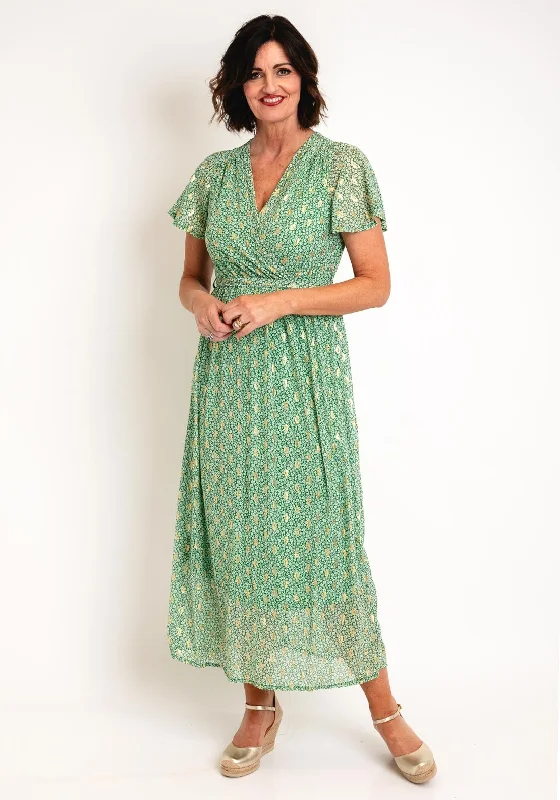 Summer Wrap Dress with Lace Details -Wrap Dress with Button-down Detail -Serafina Collection Floral Metallic Leaf Wrap Dress, Green