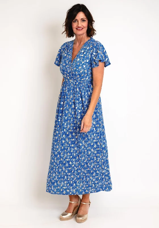 Floral Wrap Dress for Spring Weddings -Sexy Satin Wrap Dress -Serafina Collection Metallic Print Wrap Long Dress, Blue Floral Wrap Dress for Spring Weddings -Sexy Satin Wrap Dress -Serafina Collection Metallic Print Wrap Long Dress, Blue