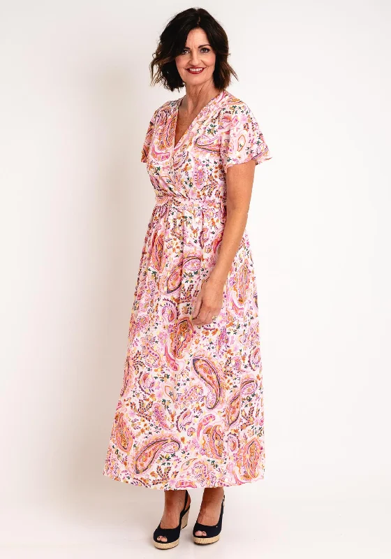 Satin Wrap Dress with Back Tie -Wrap Dress for Formal Dinner -Serafina Collection Paisley Long Wrap Dress, Pink Satin Wrap Dress with Back Tie -Wrap Dress for Formal Dinner -Serafina Collection Paisley Long Wrap Dress, Pink