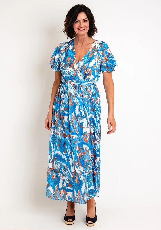 Formal Wrap Dress with Pleats -Women's Wrap Dress with Front Tie -Serafina Collection Blurred Print Long Wrap Dress, Blue Formal Wrap Dress with Pleats -Women's Wrap Dress with Front Tie -Serafina Collection Blurred Print Long Wrap Dress, Blue