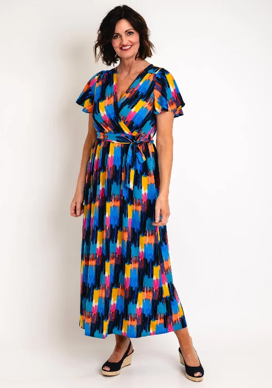 Short Sleeve Wrap Dress for Casual Look -Wrap Dress for Casual Outing -Serafina Collection Printed Long Wrap Dress, Blue Multi Short Sleeve Wrap Dress for Casual Look -Wrap Dress for Casual Outing -Serafina Collection Printed Long Wrap Dress, Blue Multi
