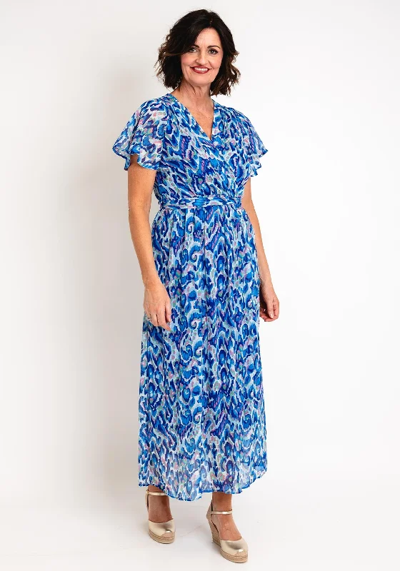 Satin Wrap Dress for Formal Party -Wrap Dress with Butterfly Sleeves -Serafina Collection Abstract Print Wrap Dress, Blue Satin Wrap Dress for Formal Party -Wrap Dress with Butterfly Sleeves -Serafina Collection Abstract Print Wrap Dress, Blue