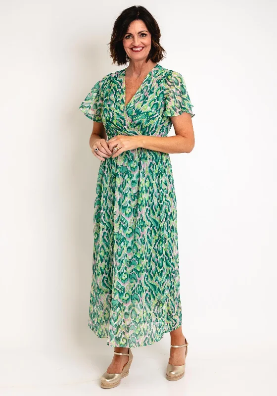Retro Wrap Dress for Vintage Look -Wrap Dress with Ruffled Hem -Serafina Collection Abstract Print Wrap Dress, Green Retro Wrap Dress for Vintage Look -Wrap Dress with Ruffled Hem -Serafina Collection Abstract Print Wrap Dress, Green
