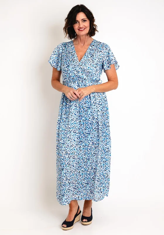 Navy Wrap Dress with Flared Skirt -Wrap Dress with Tie at Neck -Serafina Collection Blurred Print Wrap Dress, Blue Navy Wrap Dress with Flared Skirt -Wrap Dress with Tie at Neck -Serafina Collection Blurred Print Wrap Dress, Blue