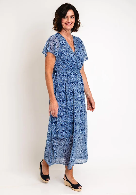 Stylish Wrap Dress for Day Event -Long Sleeve Floral Wrap Dress -Serafina Collection Vintage Print Wrap Long Dress, Blue Stylish Wrap Dress for Day Event -Long Sleeve Floral Wrap Dress -Serafina Collection Vintage Print Wrap Long Dress, Blue