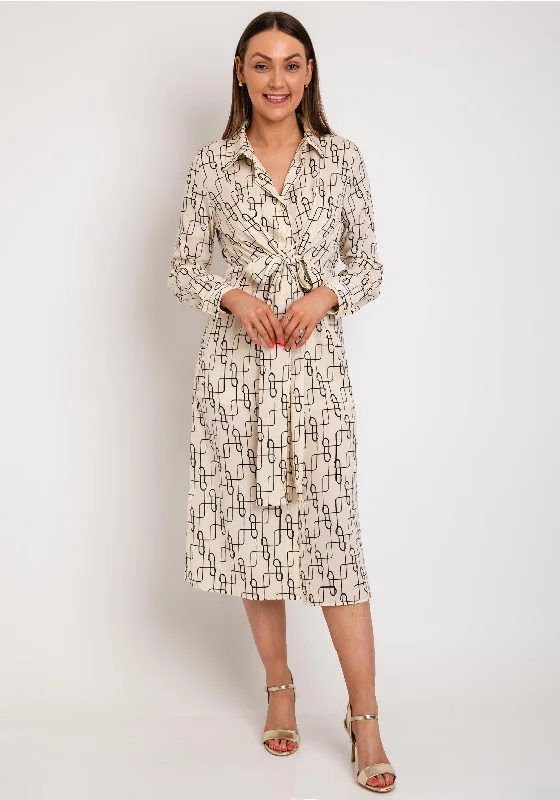 Casual Slim Shirt Dress-The Sofia Collection Satin Print Midi Shirt Dress, Beige