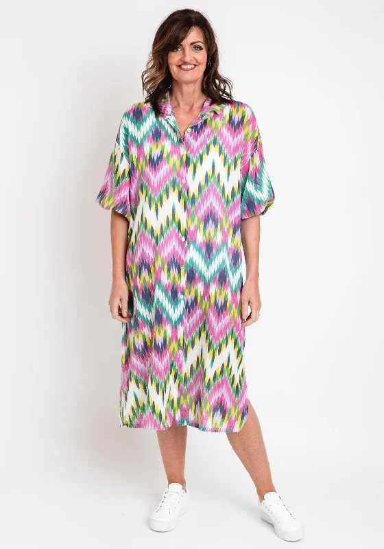 Tartan Shirt Dress-Serafina Collection One Size Textured Print Shirt Dress, Pink Multi