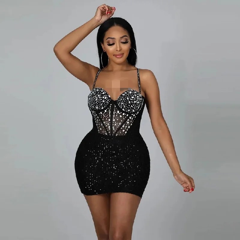 Red Floral Party Dress for Festive Event -Ladies Fashion Suspender Polyester Mesh Hot Drill Stitching Bead Piece Party Buttock Dress S S4616826