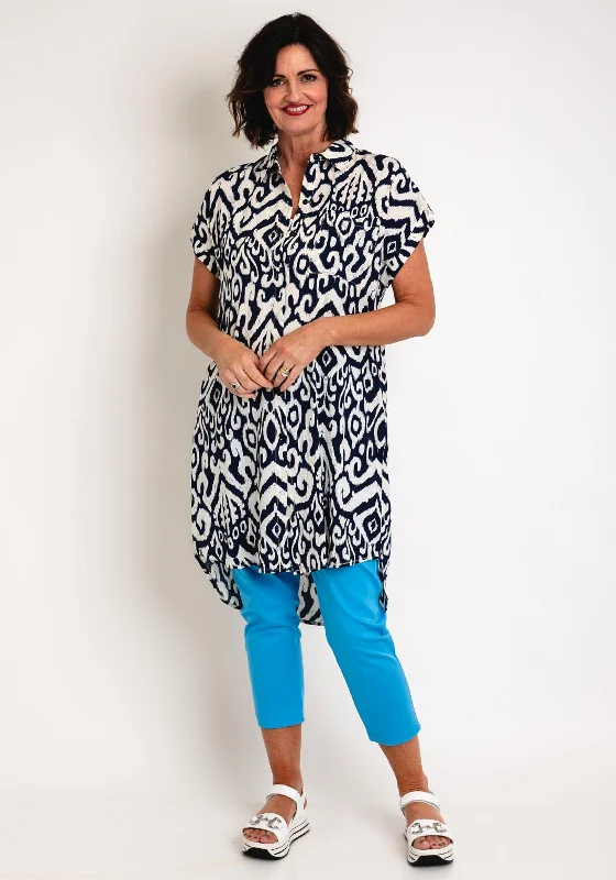 Printed Sleeve Shirt Dress-Serafina Collection Curve Printed Shirt Dress, Navy