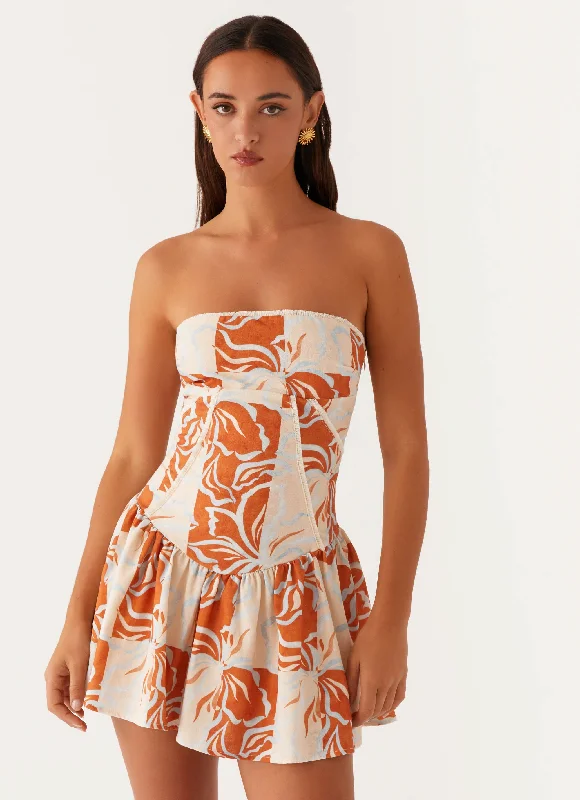 Women's High-Waist Mini Dress-Larnie Linen Mini Dress - Orange Blue Floral