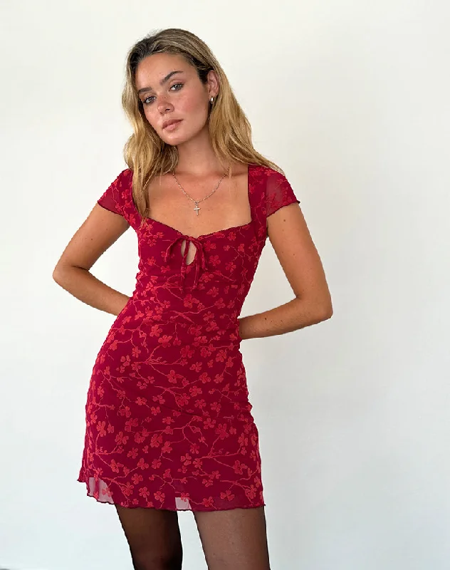 Women's Houndstooth Mini Dress-Lashka Mini Dress in Red Grunge Floral Flock