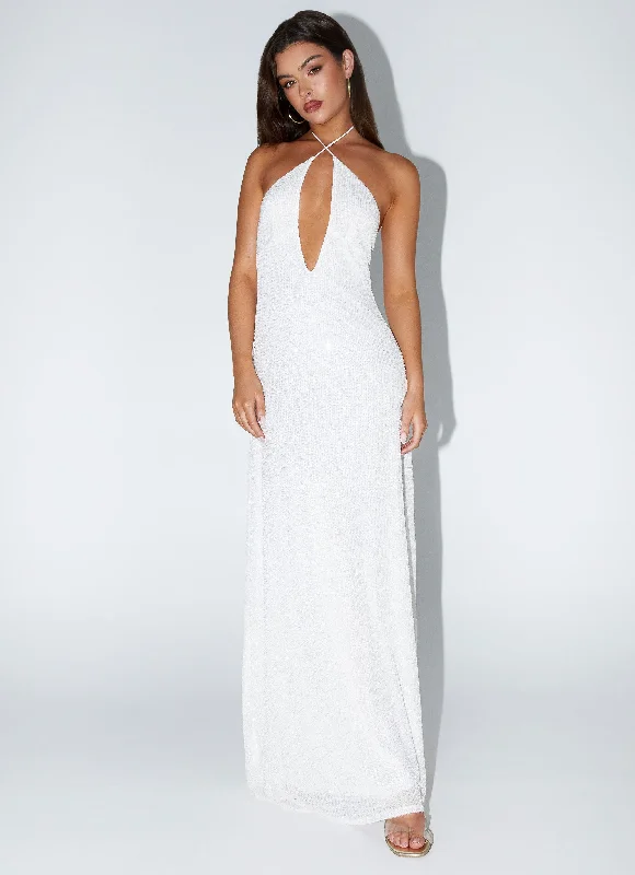 Women's Belted Maxi Dress-Latanya Sequin Maxi Dress - White