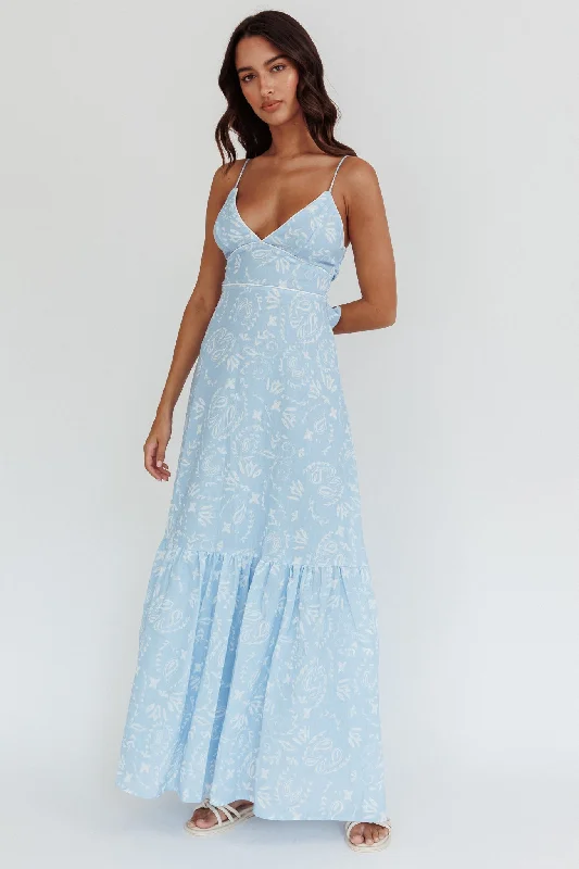 Women's Asymmetrical Strap Maxi Dress-Later Days Cami Strap Maxi Dress Paisley Blue