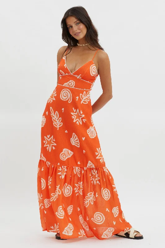 Women's Tiered Sleeveless Maxi Dress-Later Days Cami Strap Maxi Dress Print Red