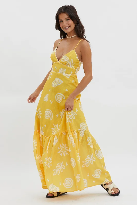 Women's Back Tie-up Maxi Dress-Later Days Cami Strap Maxi Dress Print Yellow