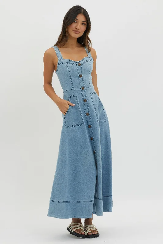 Women's Floral Ruffle Maxi Dress-Laureen Pocket Maxi Dress Denim Blue