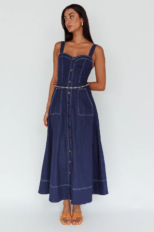 Women's Maxi Dress with Lace Details-Laureen Pocket Maxi Dress Denim Indigo