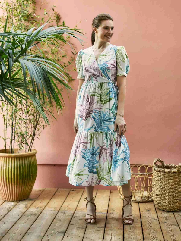 Elegant Wrap Dress with High Neckline -Wrap Dress with Side Slit -Laurel Hemp Watercolour Wrap Dress - Multi Elegant Wrap Dress with High Neckline -Wrap Dress with Side Slit -Laurel Hemp Watercolour Wrap Dress - Multi