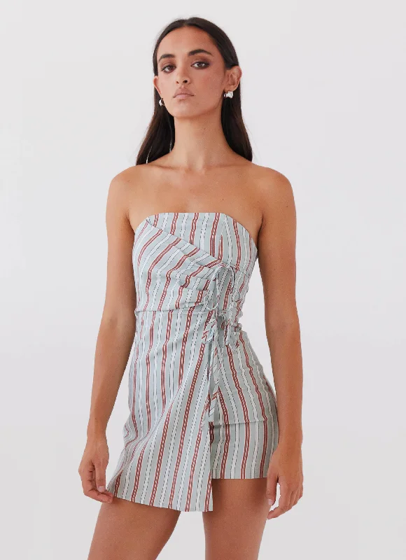 Women's Zip-up Mini Dress-Lavinia Linen Tube Mini Dress - Coastal Stripe