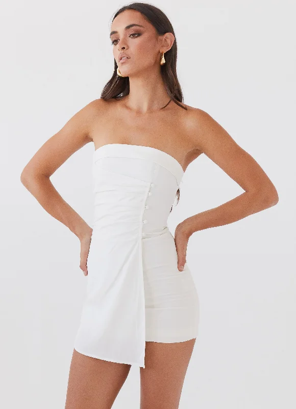 Women's Shoulder Bow Mini Dress-Lavinia Linen Tube Mini Dress - White