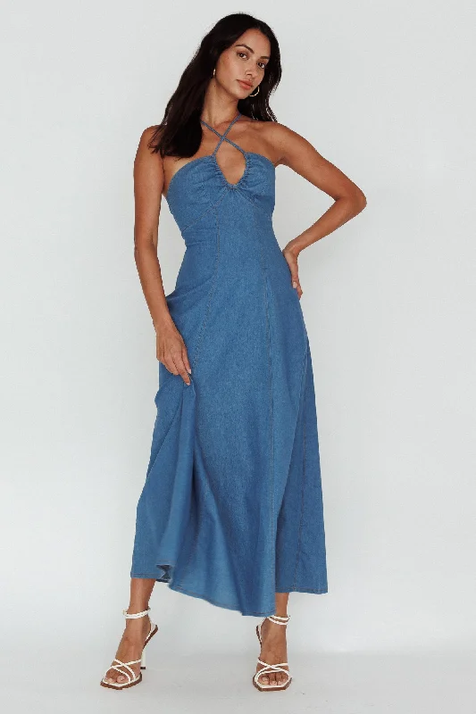 Women's Chic Maxi Dress-Leilana Halterneck Maxi Dress Denim