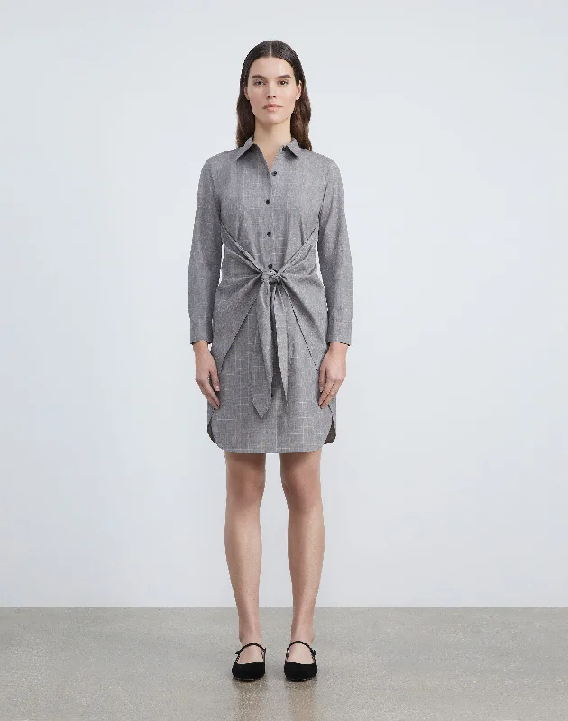 Button-up Cotton Shirt Dress-Leisurely Plaid Tie Waist Shirtdress