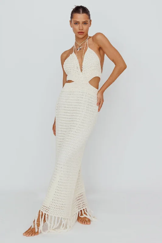 Women's Wraparound Sleeveless Maxi Dress-Lelei Crochet Open Back Maxi Dress Beige