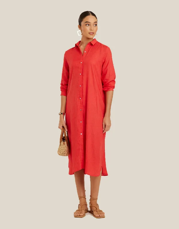Ruffled Shirt Dress-Chemisier Midi Shirtdress, Watermelon