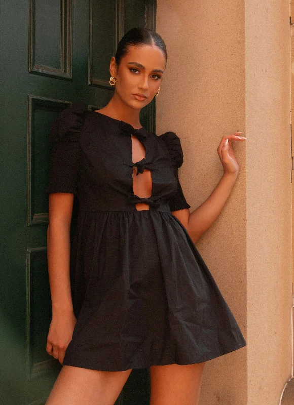 Women's Satin Mini Dress-Leonie Tie Front Mini Dress - Black