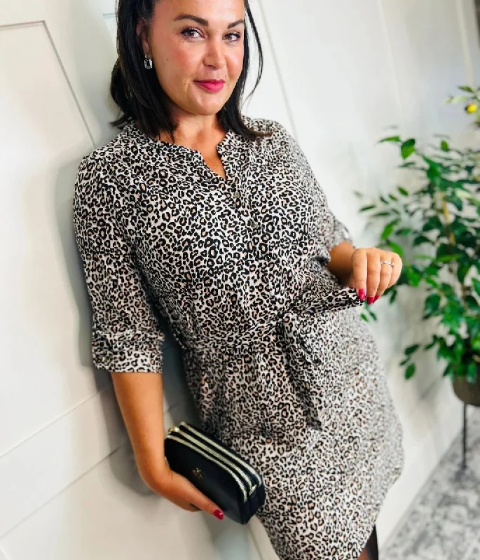 Loose Shirt Dress-Leopard Print Belted Shirt Dress
