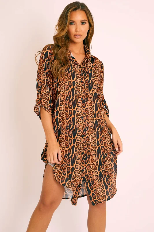 Plus Size Button-down Shirt Dress-Leopard Print Button Up Sleeve Shirt Dress - Zoey