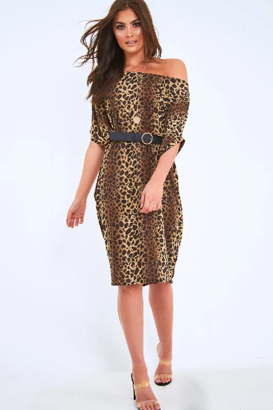 Sporty Shirt Dress-Leopard Slinky Midi T-Shirt Dress - Cambriella