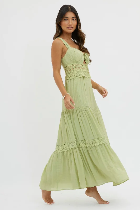 Women's Draped Sleeve Maxi Dress-Libby Crochet Lace Waist Maxi Dress Green