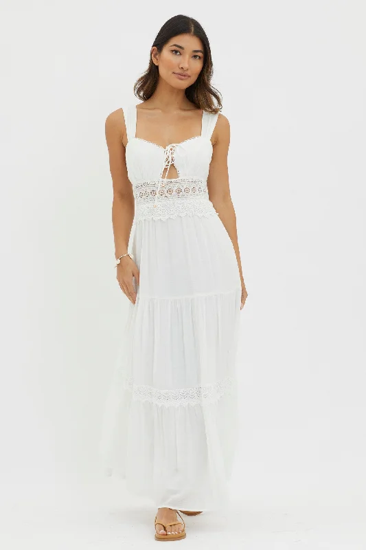 Women's Boho V-neck Maxi Dress-Libby Crochet Lace Waist Maxi Dress Off White