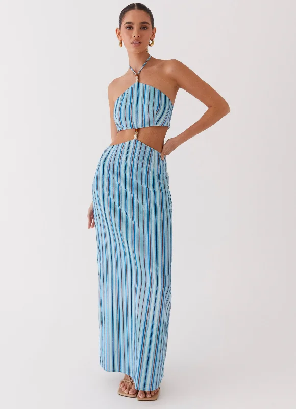 Women's Embroidered Maxi Dress-Libby Linen Maxi Dress - Blue Stripe