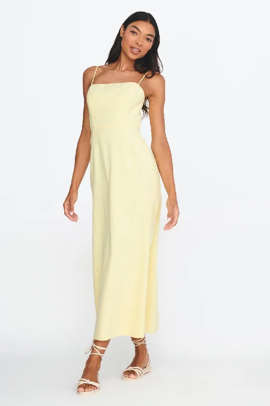 Women's Ruched Sleeves Maxi Dress-Light Hearted Square Neckline Maxi Dress Lemon