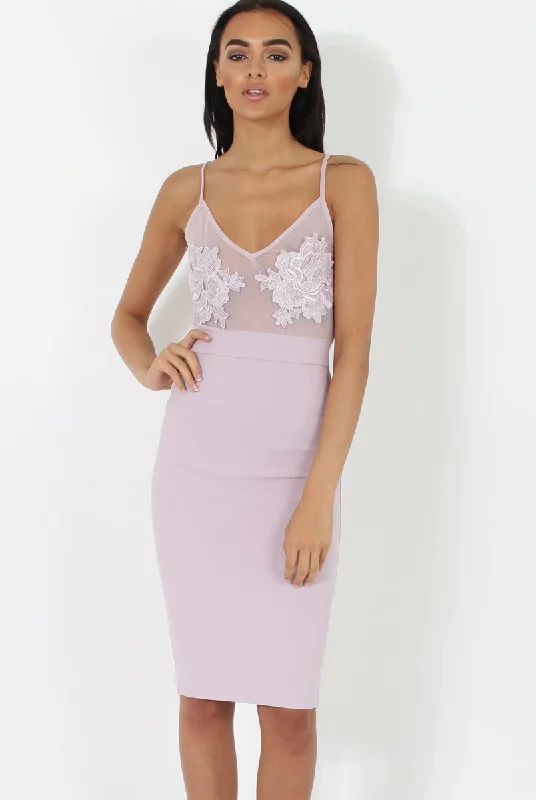 Long Sleeve Bodycon Dress -Lilac Applique Mesh Bodycon Dress - Tallulah