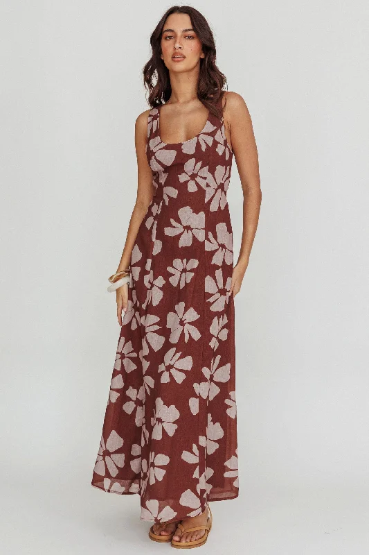 Women's Cozy Maxi Dress-Lillia Floral A-Line Maxi Dress Brown